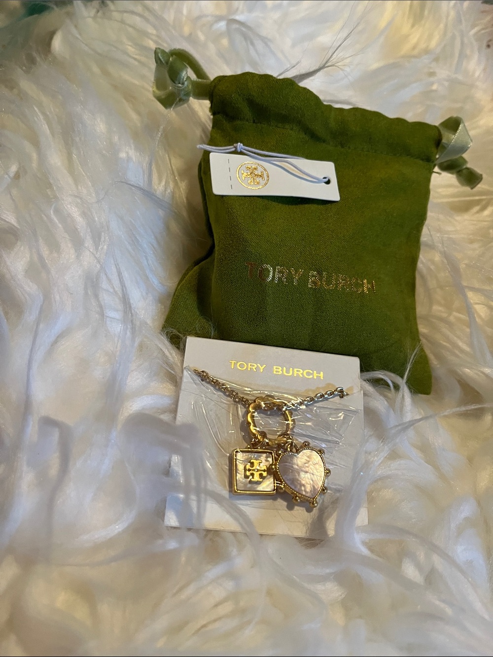 Tory Burch Gold Charm Necklace with Heart and Logo Pendants